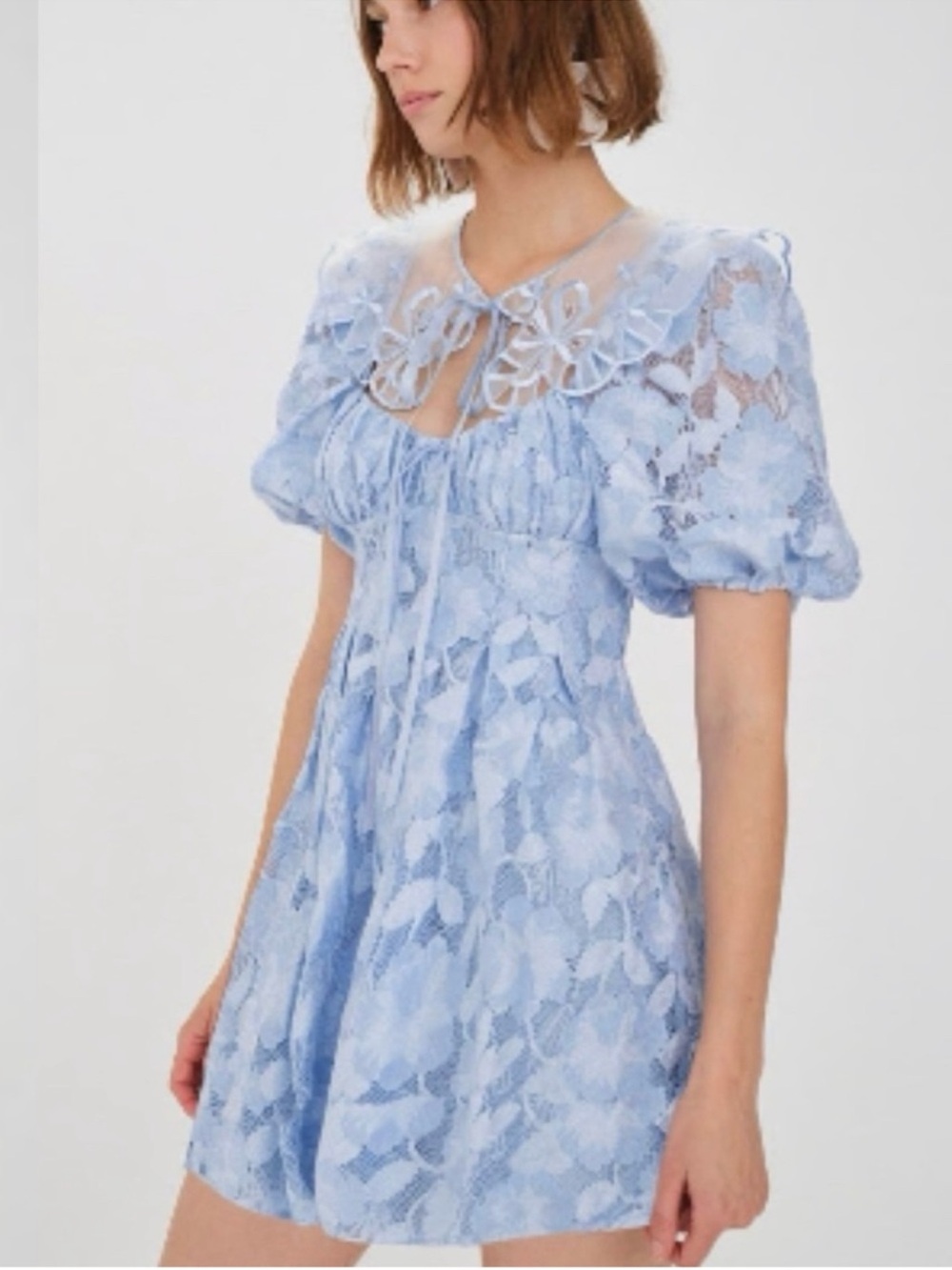 For Love & Lemons Powder Blue Lace Mini Dress with Puff Sleeves